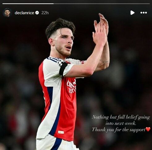 Declan Rice sends message after PSG defeat 2 Declan Rice on his Instagram story