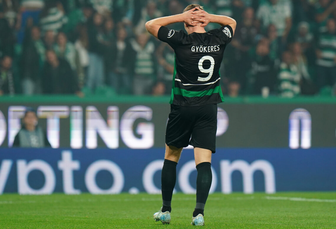 Viktor Gyokeres of Sporting CP reaction after missing a goal opportunity during the UEFA Champions League 2024/25 League Phase MD4 match between Sp...