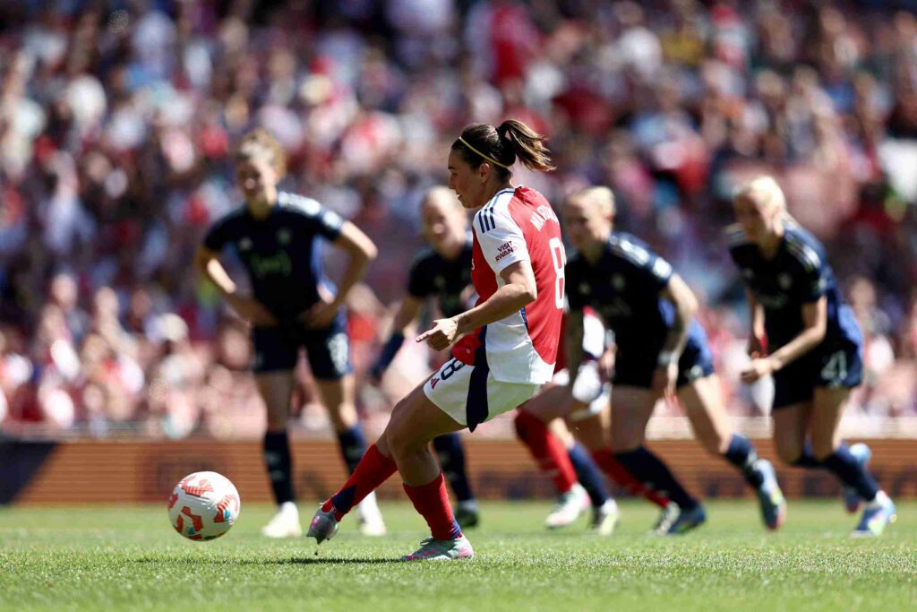 Arsenal beat Man United to finish 2nd in WSL 2 Mariona Caldentey of Arsenal scores her team's second goal from the penalty spot during the Barclays Women's Super League match between Arsenal FC ...