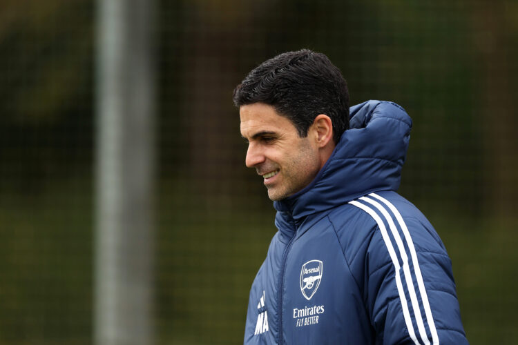 LONDON COLNEY, ENGLAND - MAY 06: Mikel Arteta, Manager of Arsenal, looks on during a training session and press conference ahead of their UEFA Cham...