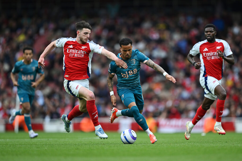 Arteta calls on Arsenal to channel Bournemouth loss anger 3 LONDON, ENGLAND - MAY 03: Justin Kluivert of AFC Bournemouth is challenged by Declan Rice of Arsenal during the Premier League match between Arsenal FC and AFC Bournemouth at Emirates Stadium on May 03, 2025 in London, England. (Photo by Shaun Botterill/Getty Images)