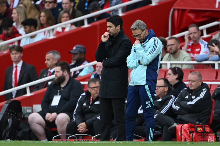 LONDON, ENGLAND - MAY 03: Mikel Arteta, Manager of Arsenal, looks dejected during the Premier League match between Arsenal FC and AFC Bournemouth a...