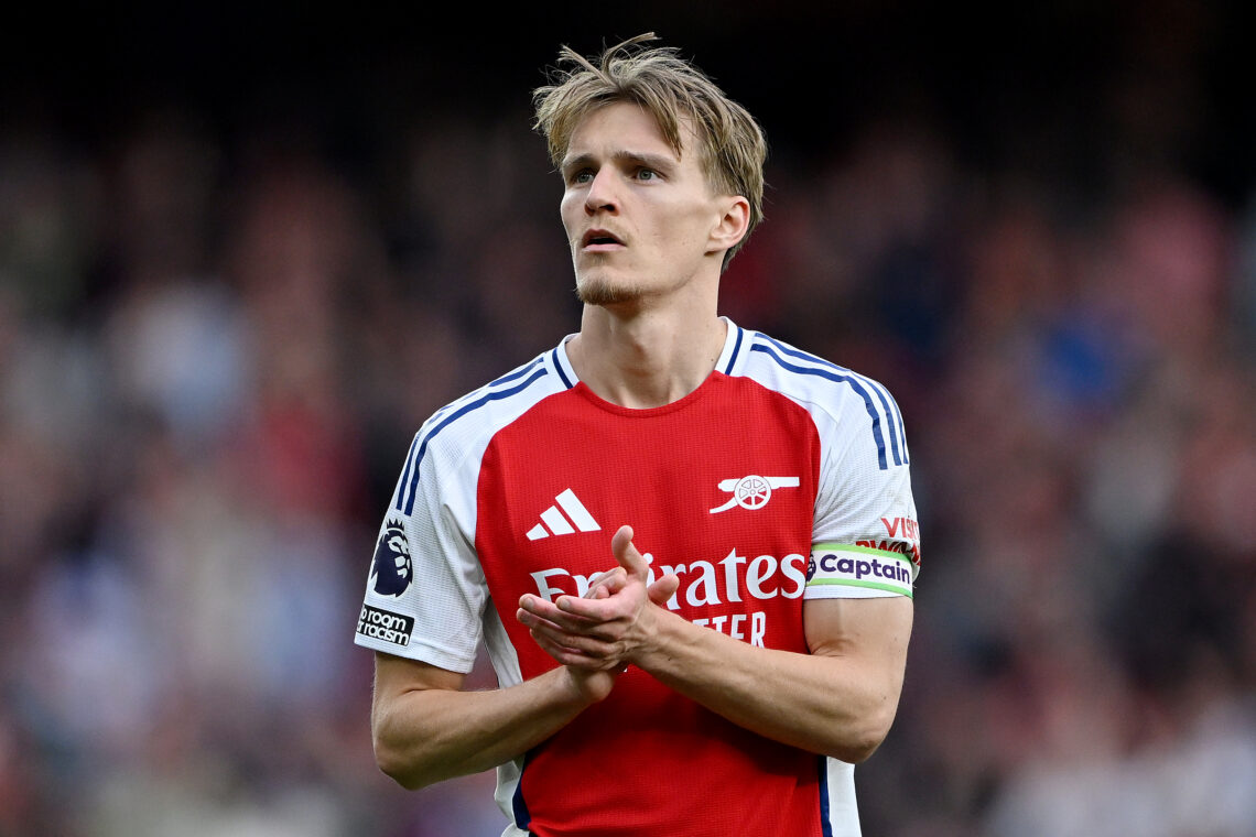 LONDON, ENGLAND - MAY 03: Martin Odegaard of Arsenal applauds the fans following his teams 2-1 defeat after the Premier League match between Arsena...