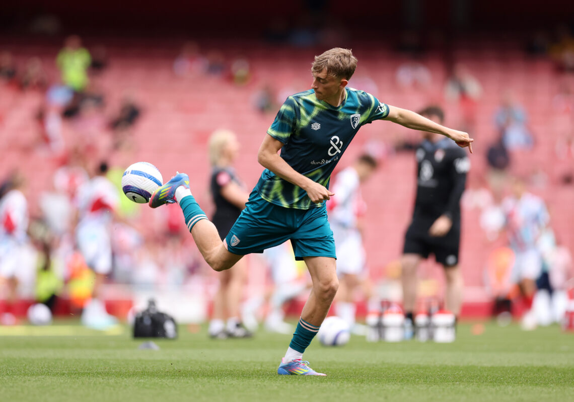LONDON, ENGLAND - MAY 03: Dean Huijsen of AFC Bournemouth controls the ball as he warms up prior to the Premier League match between Arsenal FC and...