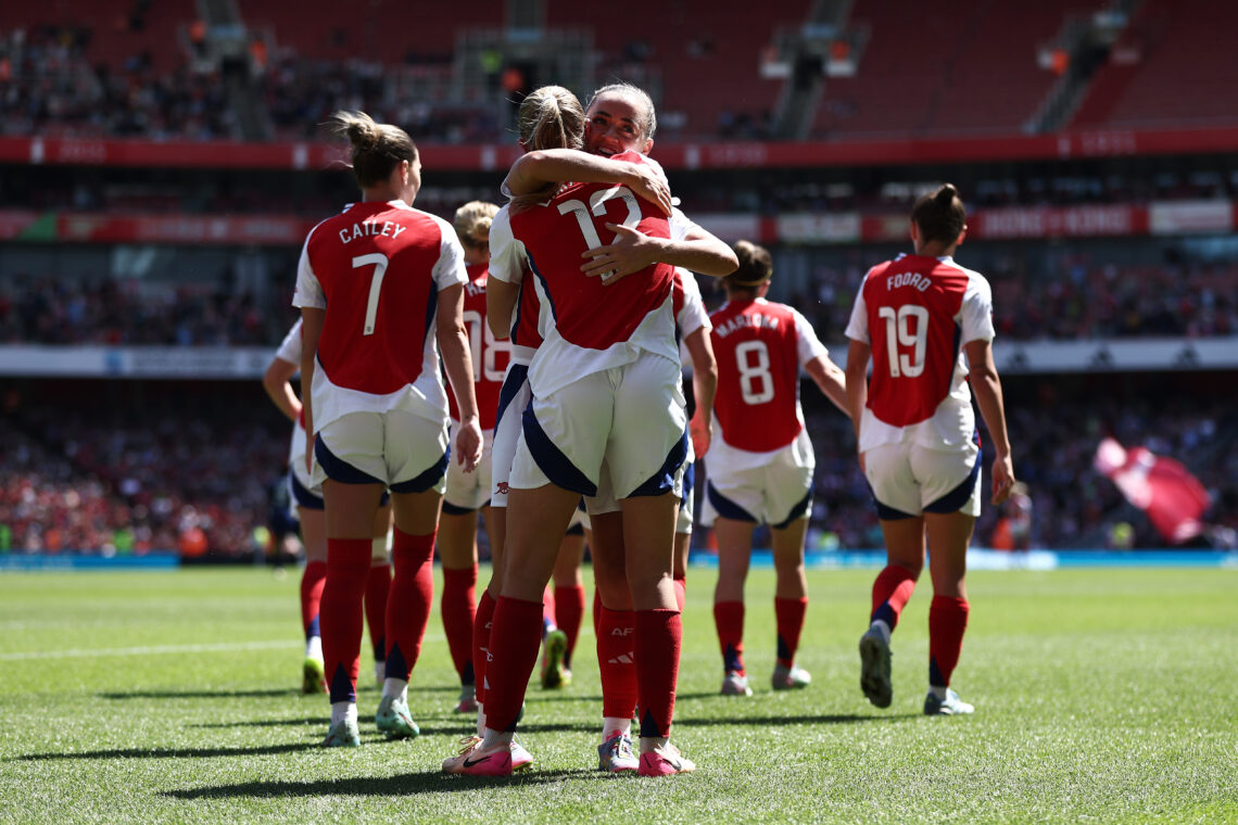 LONDON, ENGLAND - MAY 10: Frida Maanum of Arsenal celebrates scoring her team's third goal with team mate Katie McCabe during the Barclays Women's ...