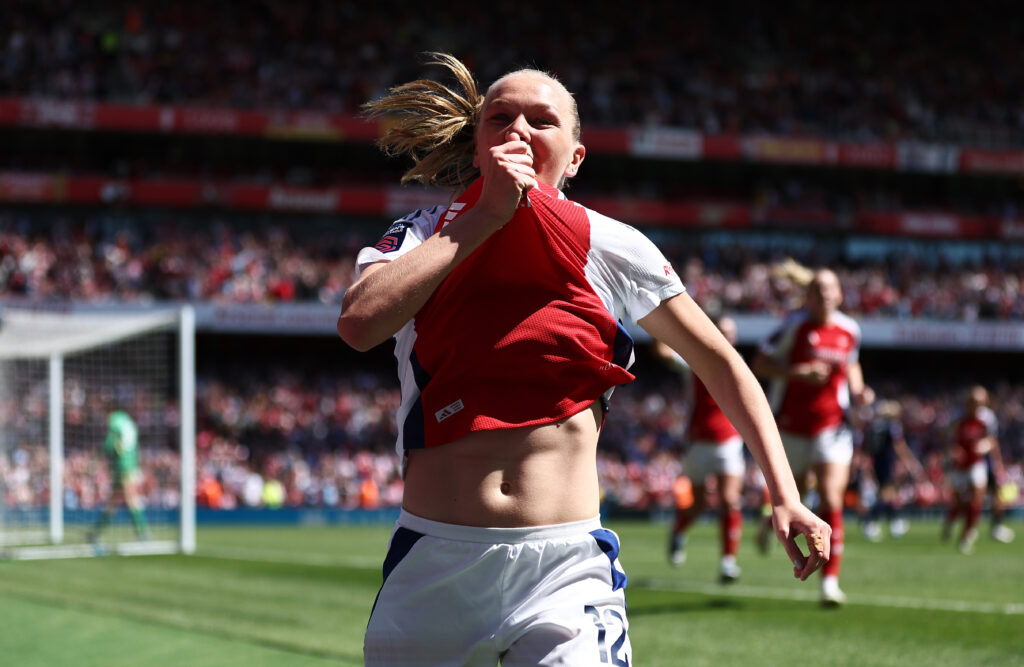 Arsenal beat Man United to finish 2nd in WSL 3 LONDON, ENGLAND - MAY 10: Frida Maanum of Arsenal celebrates scoring her team's third goal during the Barclays Women's Super League match between Arsenal FC and Manchester United FC at Emirates Stadium on May 10, 2025 in London, England. (Photo by James Fearn/Getty Images)