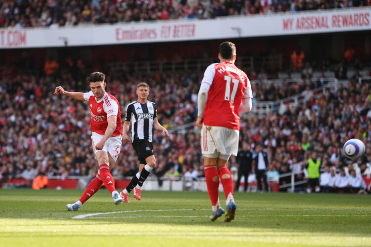 LONDON, ENGLAND - MAY 18: Declan Rice of Arsenal scores his team's first goal during the Premier League match between Arsenal FC and Newcastle Unit...