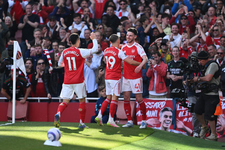 LONDON, ENGLAND - MAY 18: Declan Rice of Arsenal celebrates scoring his team's first goal with teammate Leandro Trossard during the Premier League ...