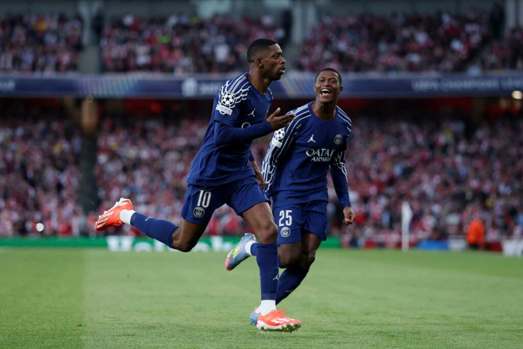 Arteta lays down challenge to his Arsenal squad ahead of PSG 3 LONDON, ENGLAND - APRIL 29: Ousmane Dembele of Paris Saint-Germain celebrates scoring his team's first goal during the UEFA Champions League 2024/25 Semi Final First Leg match between Arsenal FC and Paris Saint-Germain at Emirates Stadium on April 29, 2025 in London, England. (Photo by Michael Steele/Getty Images)