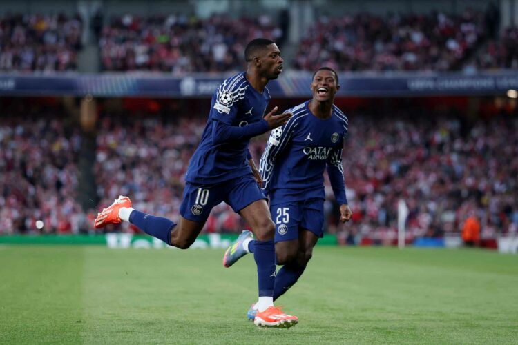 LONDON, ENGLAND - APRIL 29: Ousmane Dembele of Paris Saint-Germain celebrates scoring his team's first goal during the UEFA Champions League 2024/2...