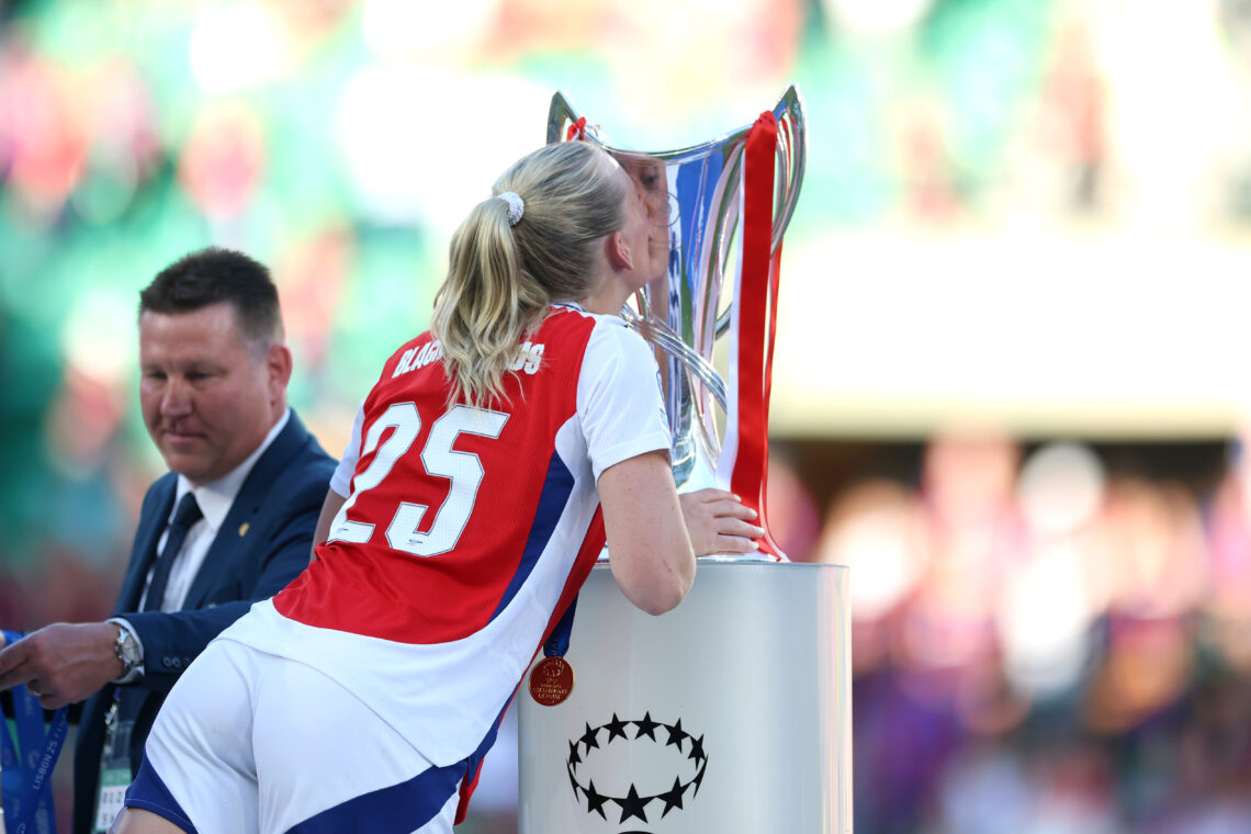 LISBON, PORTUGAL - MAY 24: Stina Blackstenius of Arsenal kisses the UEFA Women's Champions League trophy after her team's victory in the UEFA Women...