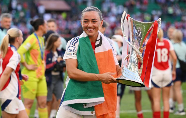 LISBON, PORTUGAL - MAY 24: Katie McCabe of Arsenal poses for a photograph with the UEFA Women's Champions League trophy as she celebrates after def...