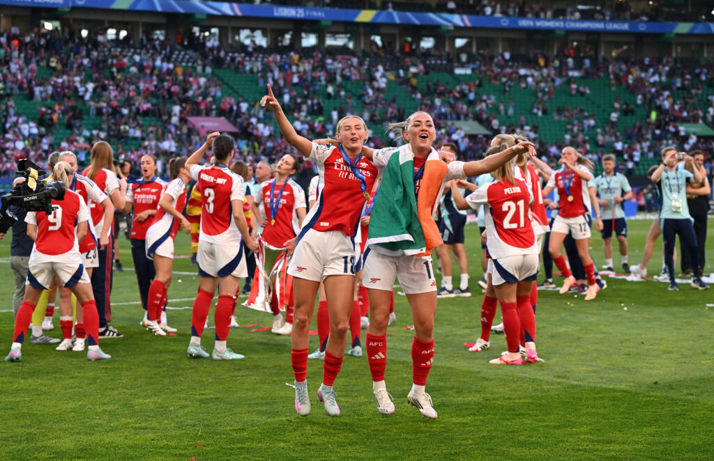 LISBON, PORTUGAL - MAY 24: Chloe Kelly and Katie McCabe of Arsenal celebrate after defeating FC Barcelona during the UEFA Women's Champions League final match between Arsenal WFC and FC Barcelona at Estadio Jose Alvalade on May 24, 2025 in Lisbon, Portugal. (Photo by David Ramos/Getty Images)
