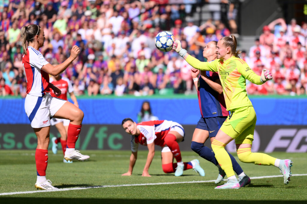 Can an Arsenal nominee win the Ballon d'Or? Part 1 4 LISBON, PORTUGAL - MAY 24: Daphne Van Domselaar of Arsenal clears the ball whilst under pressure from Ewa Pajor of FC Barcelona during the UEFA Women's Champions League final match between Arsenal WFC and FC Barcelona at Estadio Jose Alvalade on May 24, 2025 in Lisbon, Portugal. (Photo by David Ramos/Getty Images)