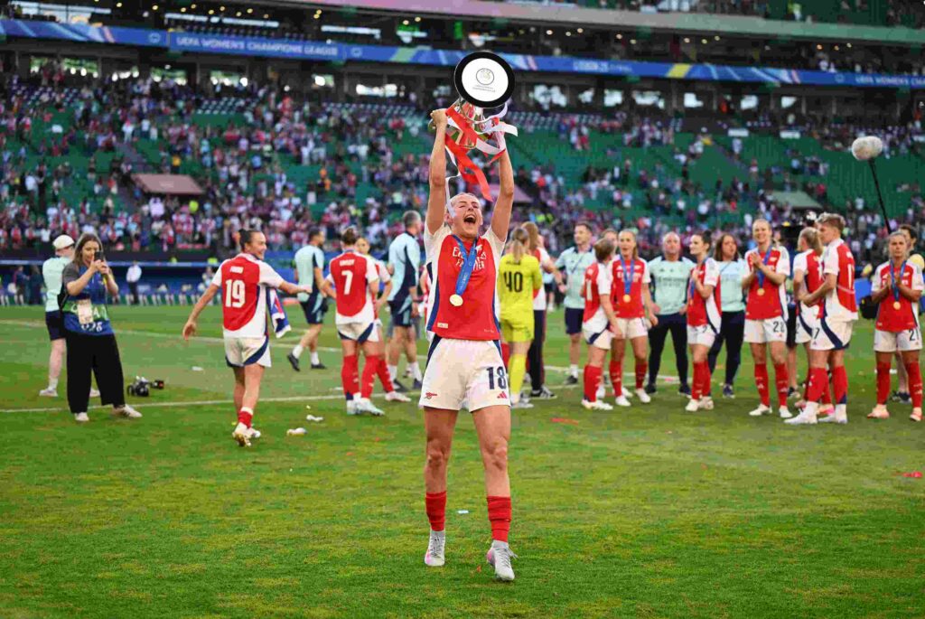 Arsenal Women transfer window recap: All you need to know 3 LISBON, PORTUGAL - MAY 24: Chloe Kelly of Arsenal lifts the UEFA Women's Champions League trophy after her team's victory in the UEFA Women's Champions League final match between Arsenal WFC and FC Barcelona at Estadio Jose Alvalade on May 24, 2025 in Lisbon, Portugal. (Photo by David Ramos/Getty Images)