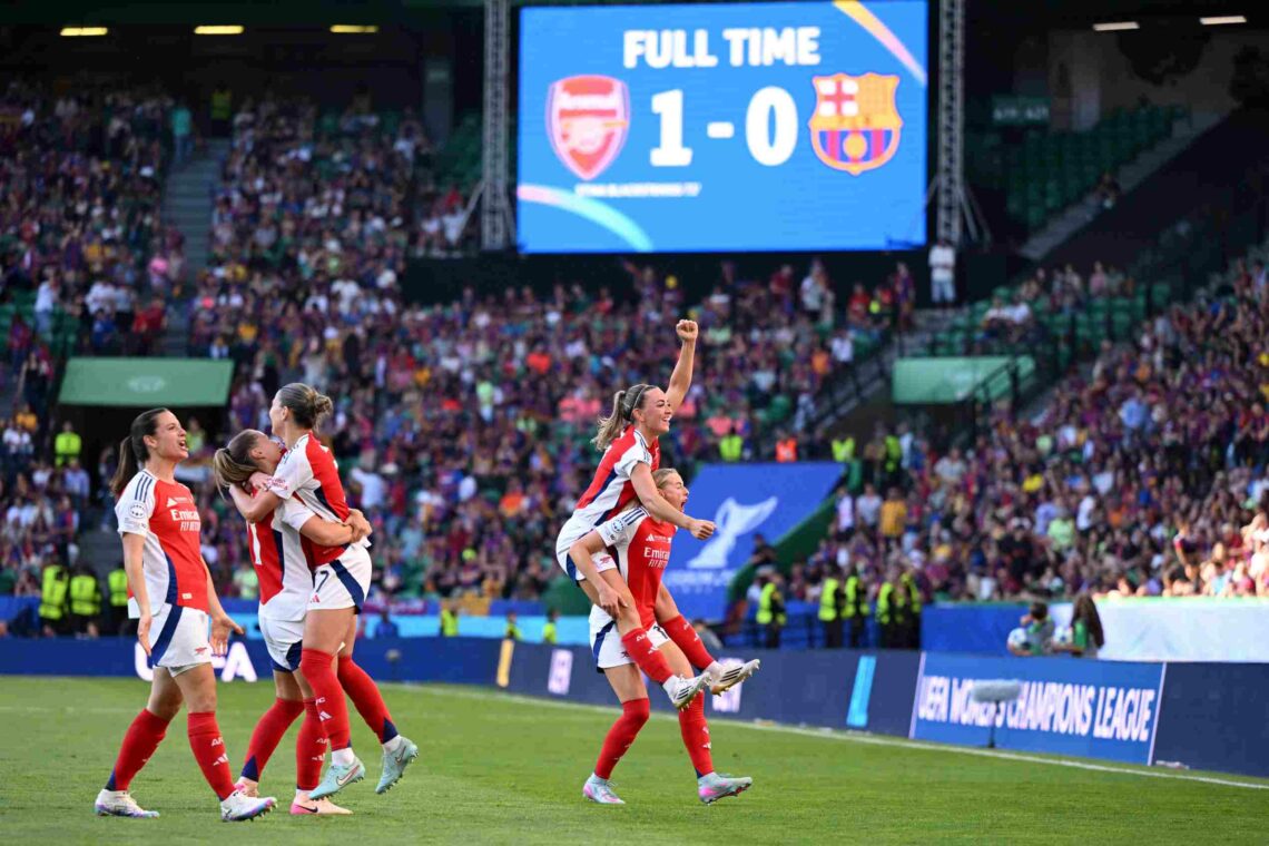 LISBON, PORTUGAL - MAY 24: Katie McCabe and Chloe Kelly of Arsenal celebrate victory at full-time following the UEFA Women's Champions League final...