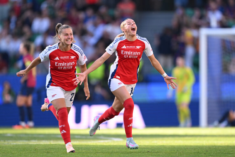 LISBON, PORTUGAL - MAY 24: Victoria Pelova and Chloe Kelly of Arsenal celebrate victory at full-time following the UEFA Women's Champions League fi...
