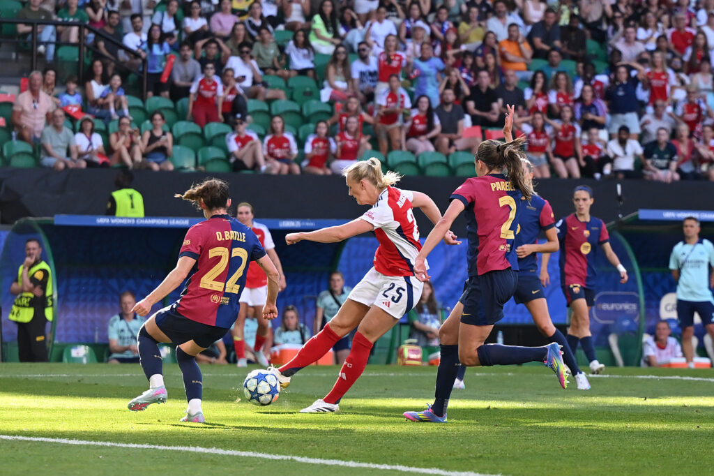 Mariona: We knew Arsenal could do it against Barcelona 3 LISBON, PORTUGAL - MAY 24: Stina Blackstenius of Arsenal scores her team's first goal during the UEFA Women's Champions League final match between Arsenal WFC and FC Barcelona at Estadio Jose Alvalade on May 24, 2025 in Lisbon, Portugal. (Photo by David Ramos/Getty Images)