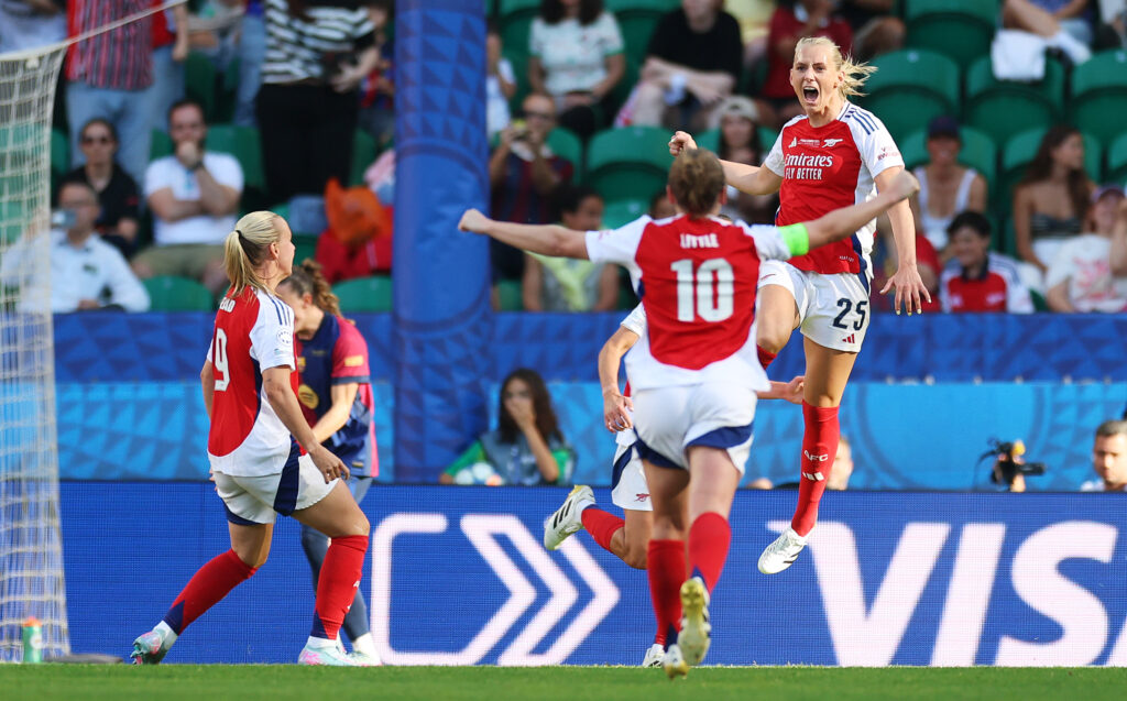 LISBON, PORTUGAL - MAY 24: Stina Blackstenius of Arsenal celebrates scoring her team's first goal with teammates during the UEFA Women's Champions League final match between Arsenal WFC and FC Barcelona at Estadio Jose Alvalade on May 24, 2025 in Lisbon, Portugal. (Photo by Maja Hitij/Getty Images)