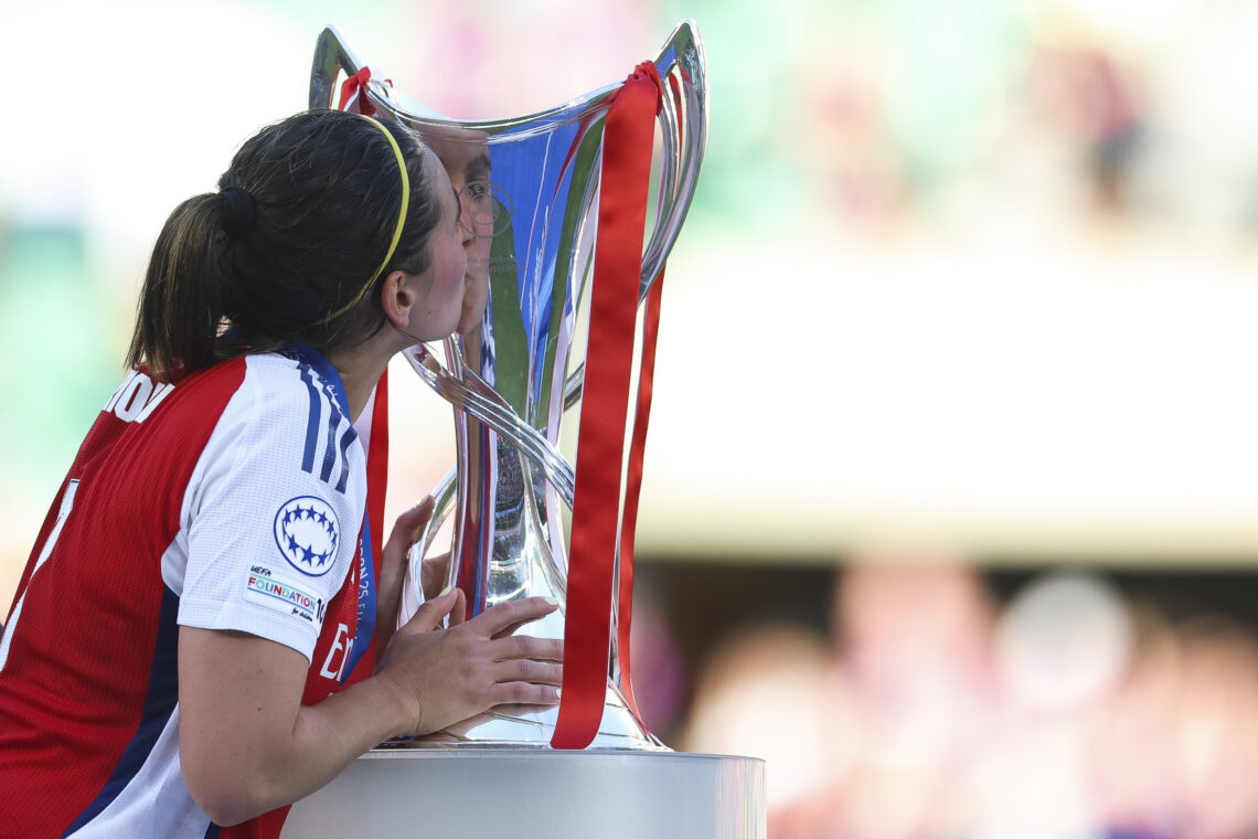 LISBON, PORTUGAL - MAY 24: Mariona Caldentey of Arsenal kisses the UEFA Women's Champions League trophy after her team's victory in the UEFA Women'...