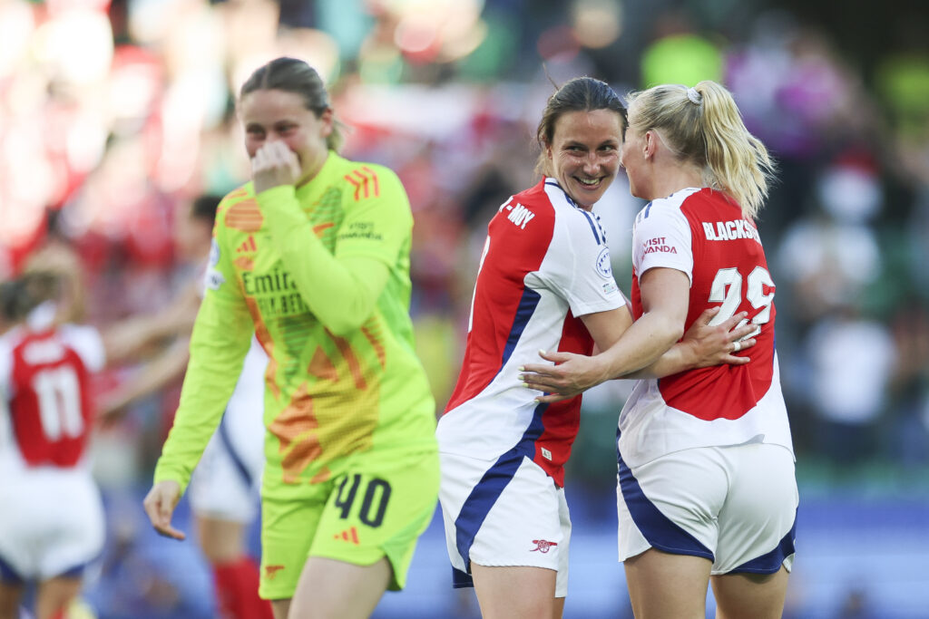 LISBON, PORTUGAL - MAY 24: Lotte Wubben-Moy and Stina Blackstenius of Arsenal celebrate following victory in the UEFA Women's Champions League final match between Arsenal WFC and FC Barcelona at Estadio Jose Alvalade on May 24, 2025 in Lisbon, Portugal. (Photo by Maja Hitij/Getty Images)