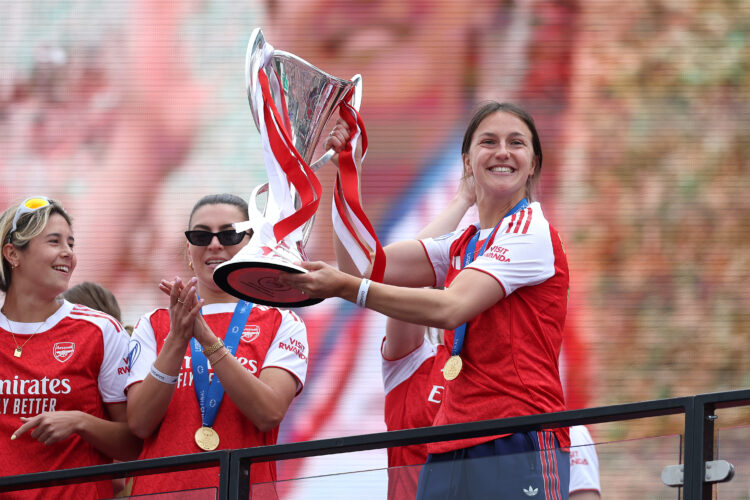 LONDON, ENGLAND - MAY 26: Lotte Wubben-Moy of Arsenal lifts the UEFA Women’s Champions League trophy during celebrations at Emirates Stadium on May...