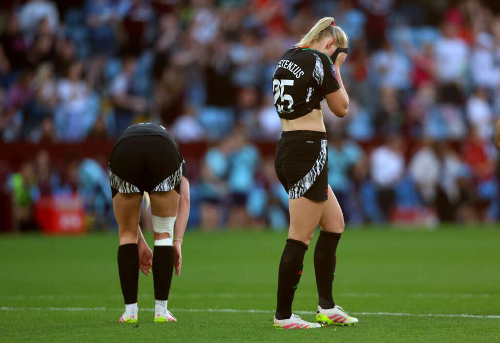 Chelsea win the league as Arsenal disintegrate at Villa Park 2 BIRMINGHAM, ENGLAND - APRIL 30: Stina Blackstenius of Arsenal reacts following defeat in the Barclays Women's Super League match between Aston Villa FC and Arsenal FC at Villa Park on April 30, 2025 in Birmingham, England. (Photo by Nathan Stirk/Getty Images)