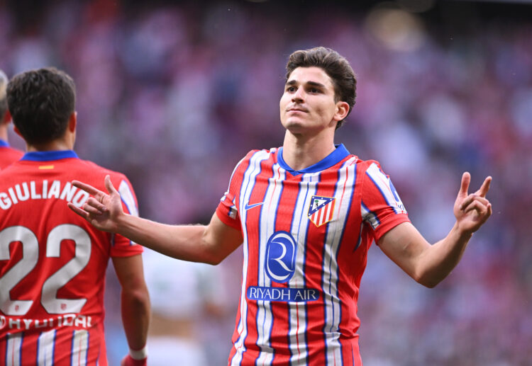 MADRID, SPAIN - MAY 18: Julian Alvarez of Atletico de Madrid celebrates scoring his team's third goal during the La Liga EA Sports match between At...