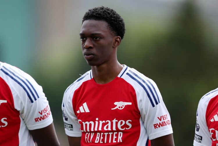 BOREHAMWOOD, ENGLAND: Osman Kamara of Arsenal XI looks on as he lines up with teammates prior to the Pre-Season Friendly match between Boreham Wood...