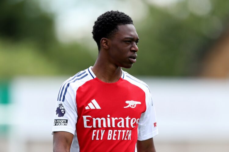 BOREHAMWOOD, ENGLAND: Osman Kamara of Arsenal XI looks on prior to the Pre-Season Friendly match between Boreham Wood and Arsenal XI at Meadow Park...