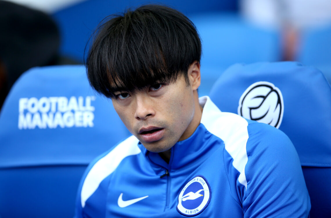 BRIGHTON, ENGLAND - APRIL 26: Kaoru Mitoma of Brighton & Hove Albion looks on from the bench prior to the Premier League match between Brighton...