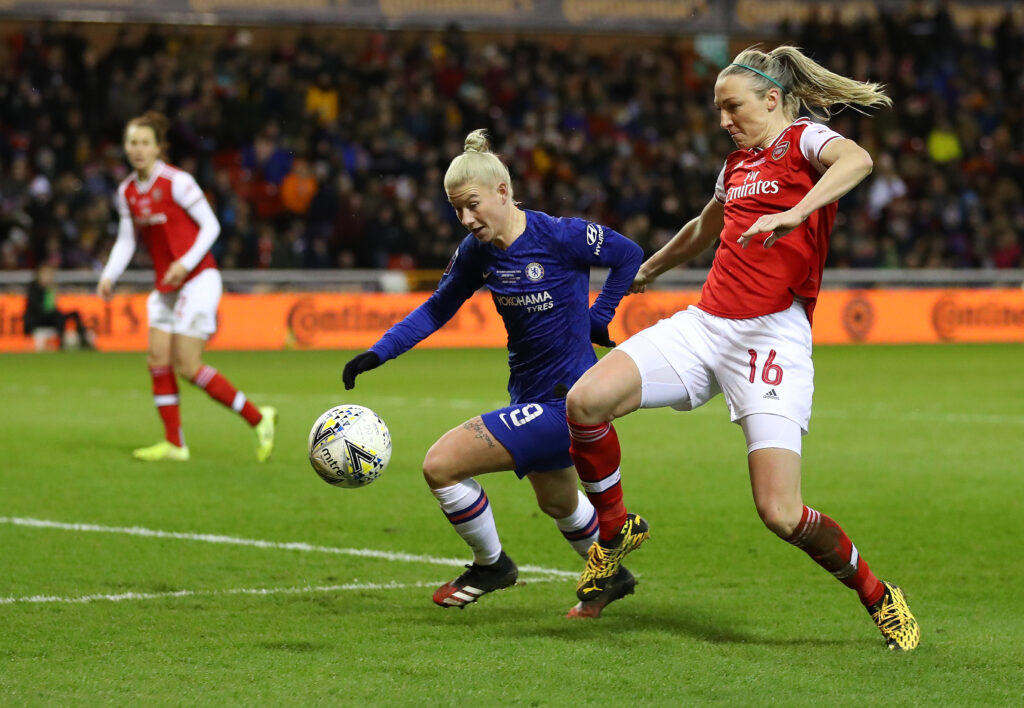 Ireland squad heading to Lisbon to support McCabe in Champions League final 5 NOTTINGHAM, ENGLAND - FEBRUARY 29: Louise Quinn of Arsenal battles for possession with Bethany England of Chelsea during the FA Women's Continental League Cup Final Chelsea FC Women and Arsenal FC Women at City Ground on February 29, 2020 in Nottingham, England. (Photo by Catherine Ivill/Getty Images)