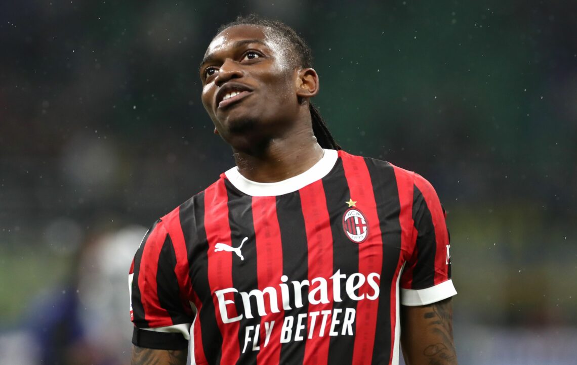 MILAN, ITALY - APRIL 23: Rafael Leao of AC Milan celebrates victory after the coppa Italia Semi Final match between FC Internazionale and AC Milan ...
