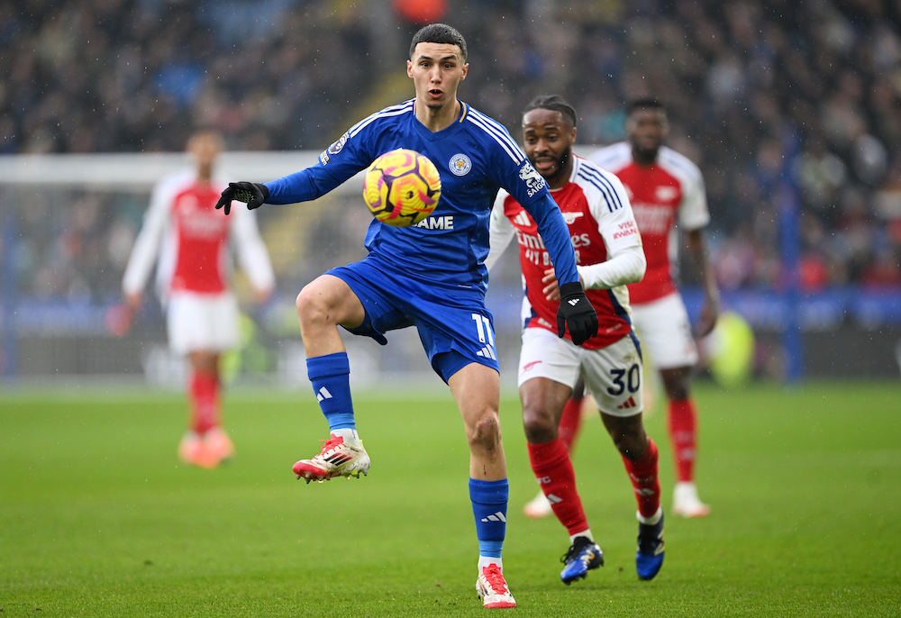 Leicester City set price for 20yo after Arsenal talks 2 LEICESTER, ENGLAND: Bilal El Khannouss of Leicester City controls the ball under pressure from Raheem Sterling of Arsenal during the Premier League match between Leicester City FC and Arsenal FC at The King Power Stadium on February 15, 2025. (Photo by Michael Regan/Getty Images)