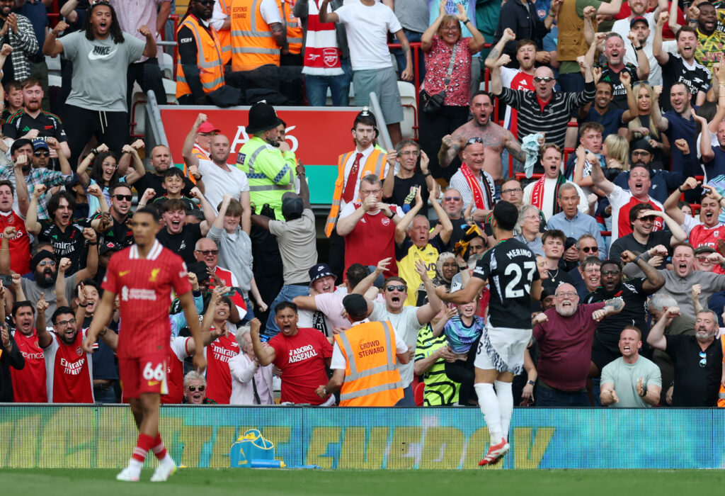 Arsenal comeback at Liverpool overshadowed by red card and injuries 4 LIVERPOOL, ENGLAND - MAY 11: Mikel Merino of Arsenal celebrates scoring his team's second goal in front of the Arsenal fans during the Premier League match between Liverpool FC and Arsenal FC at Anfield on May 11, 2025 in Liverpool, England. (Photo by Carl Recine/Getty Images)