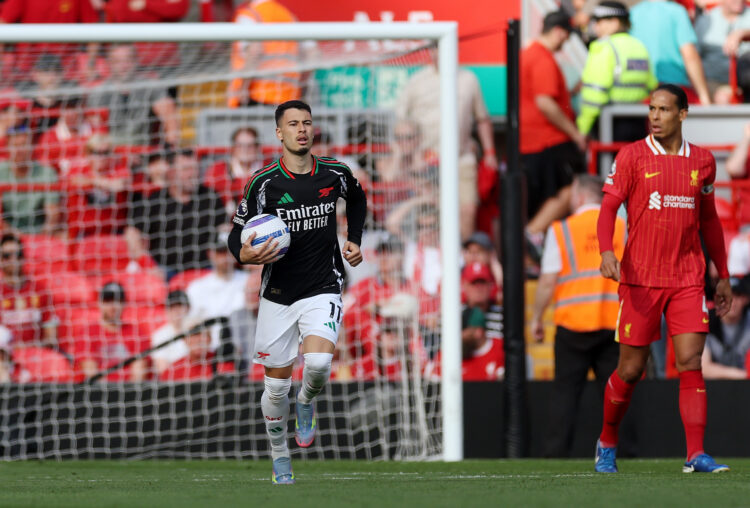 LIVERPOOL, ENGLAND - MAY 11: Gabriel Martinelli of Arsenal celebrates scoring his team's first goal during the Premier League match between Liverpo...