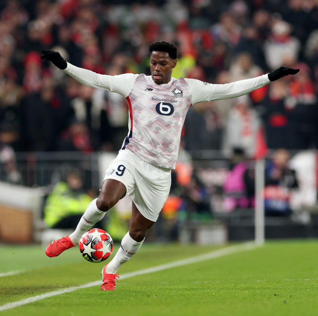 LIVERPOOL, ENGLAND - JANUARY 21: Jonathan David of LOSC Lille during the UEFA Champions League 2024/25 League Phase MD7 match between Liverpool FC and LOSC Lille at Anfield on January 21, 2025 in Liverpool, England. (Photo by Carl Recine/Getty Images)