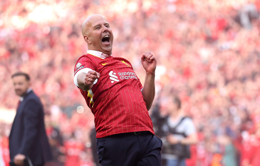 LIVERPOOL, ENGLAND - APRIL 27: Arne Slot, Manger of Liverpool, celebrates the teams victory and confirmation of winning the Premier League title after the Premier League match between Liverpool FC and Tottenham Hotspur at Anfield on April 27, 2025 in Liverpool, England. (Photo by Carl Recine/Getty Images)