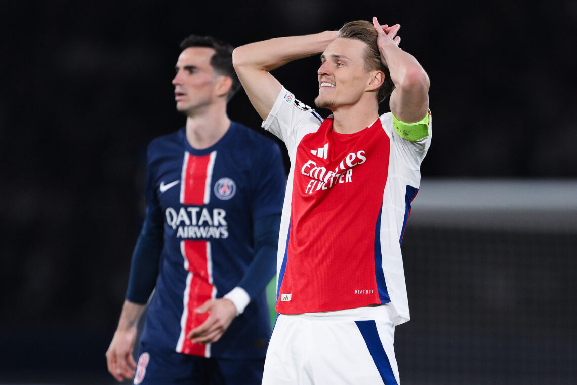 PARIS, FRANCE - MAY 07: Martin Odegaard of Arsenal FC reacts dejected during the UEFA Champions League 2024/25 Semi Final Second Leg match between ...