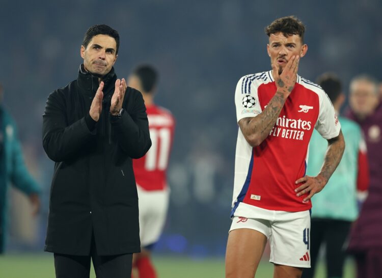 PARIS, FRANCE: Mikel Arteta applauds the fans as Ben White reacts at full-time following Arsenal's defeat and subsequent elimination from the UEFA ...