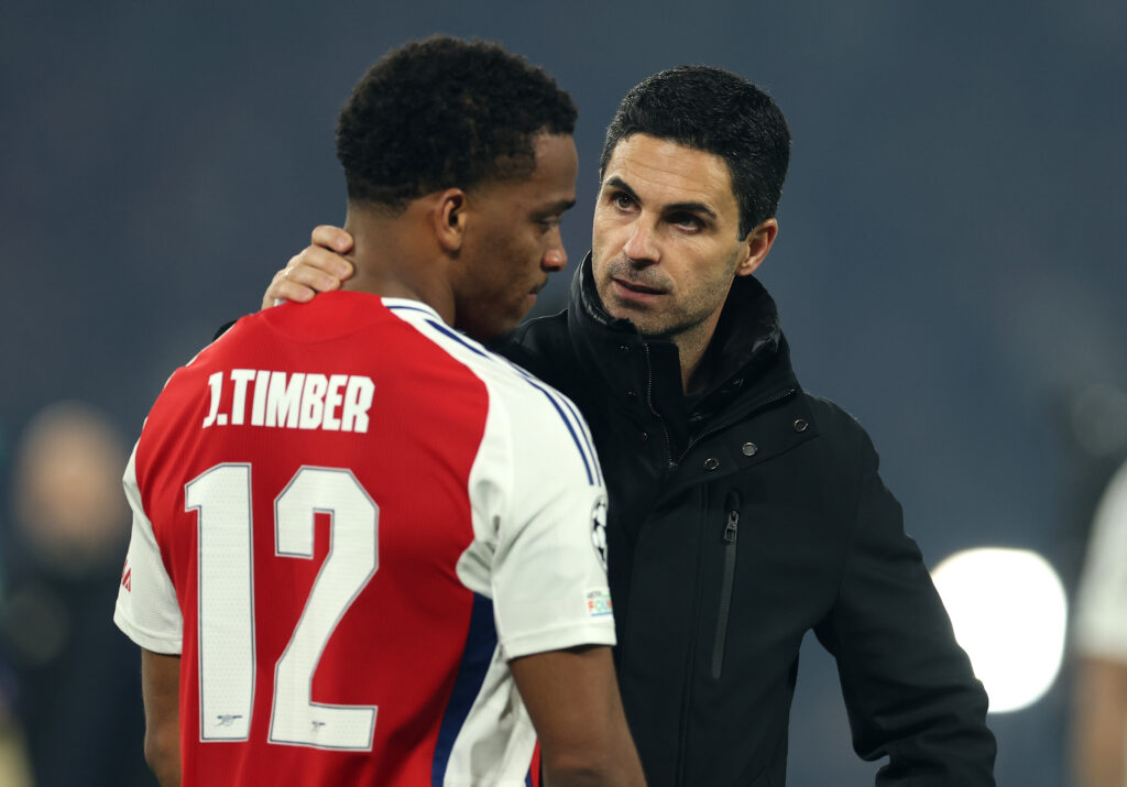 Arteta delivers latest injury update on 2 Arsenal stars 3 PARIS, FRANCE - MAY 07: Jurrien Timber of Arsenal is consoled by Mikel Arteta, Manager of Arsenal, at full-time following the team's defeat and subsequent elimination after the UEFA Champions League 2024/25 Semi Final Second Leg match between Paris Saint-Germain and Arsenal FC at Parc des Princes on May 07, 2025 in Paris, France. (Photo by Richard Heathcote/Getty Images)