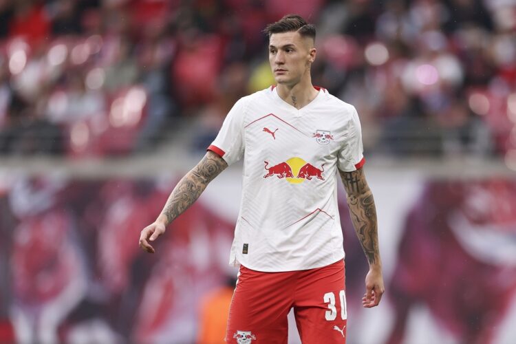 LEIPZIG, GERMANY: Benjamin Sesko of RB Leipzig looks on during the Bundesliga match between RB Leipzig and VfB Stuttgart at Red Bull Arena on May 1...