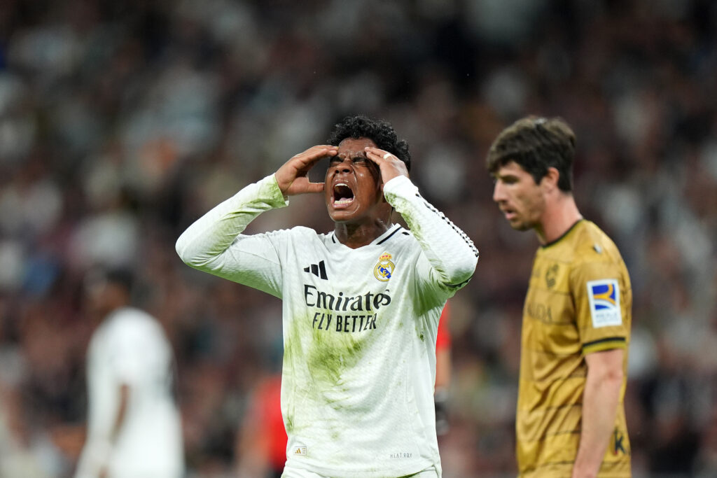MADRID, SPAIN - APRIL 01: Endrick of Real Madrid reacts during the Copa del Rey semifinal match between Real Madrid and Real Sociedad at Estadio Santiago Bernabeu on April 01, 2025 in Madrid, Spain. (Photo by Angel Martinez/Getty Images)