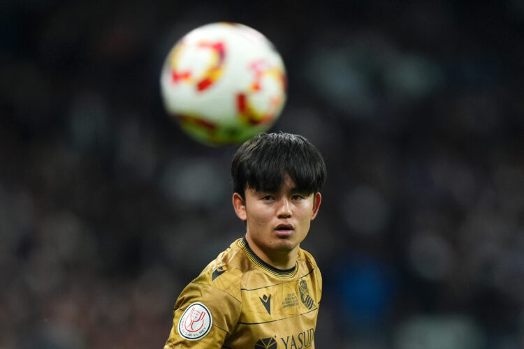 MADRID, SPAIN - APRIL 01: Takefusa Kubo of Real Sociedad during the Copa del Rey semifinal match between Real Madrid and Real Sociedad at Estadio S...