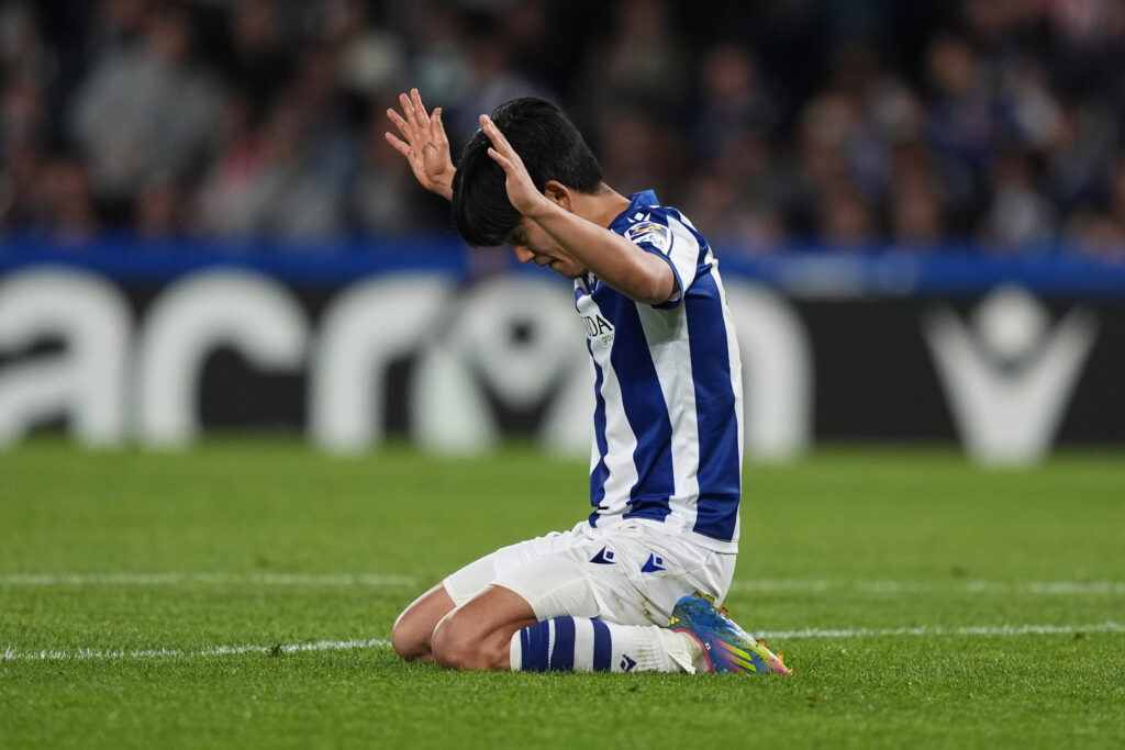 SAN SEBASTIAN, SPAIN - MAY 04: Takefusa Kubo of Real Sociedad reacts during the LaLiga match between Real Sociedad and Athletic Club at Reale Arena on May 04, 2025 in San Sebastian, Spain. (Photo by Juan Manuel Serrano Arce/Getty Images)