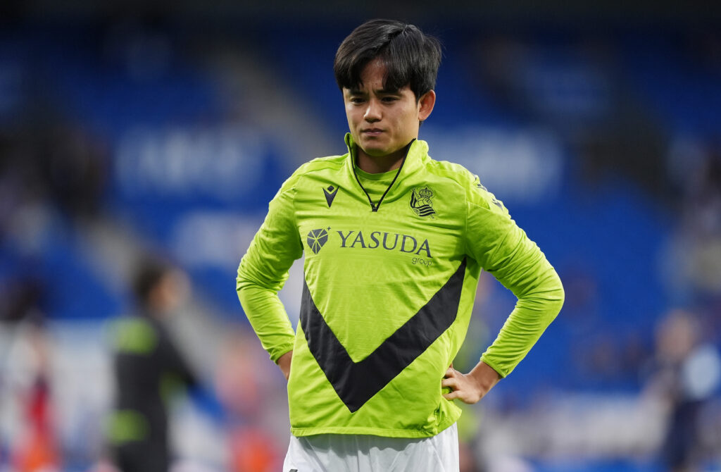 SAN SEBASTIAN, SPAIN - MAY 13: Takefusa Kubo of Real Sociedad looks on as he warms up prior to the LaLiga match between Real Sociedad and RC Celta de Vigo at Reale Arena on May 13, 2025 in San Sebastian, Spain. (Photo by Juan Manuel Serrano Arce/Getty Images)
