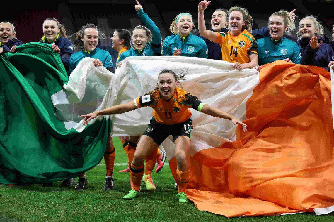 GLASGOW, SCOTLAND - OCTOBER 11: Katie McCabe of Republic of Ireland celebrates with teammates after their side qualifies for the 2023 FIFA Women's ...