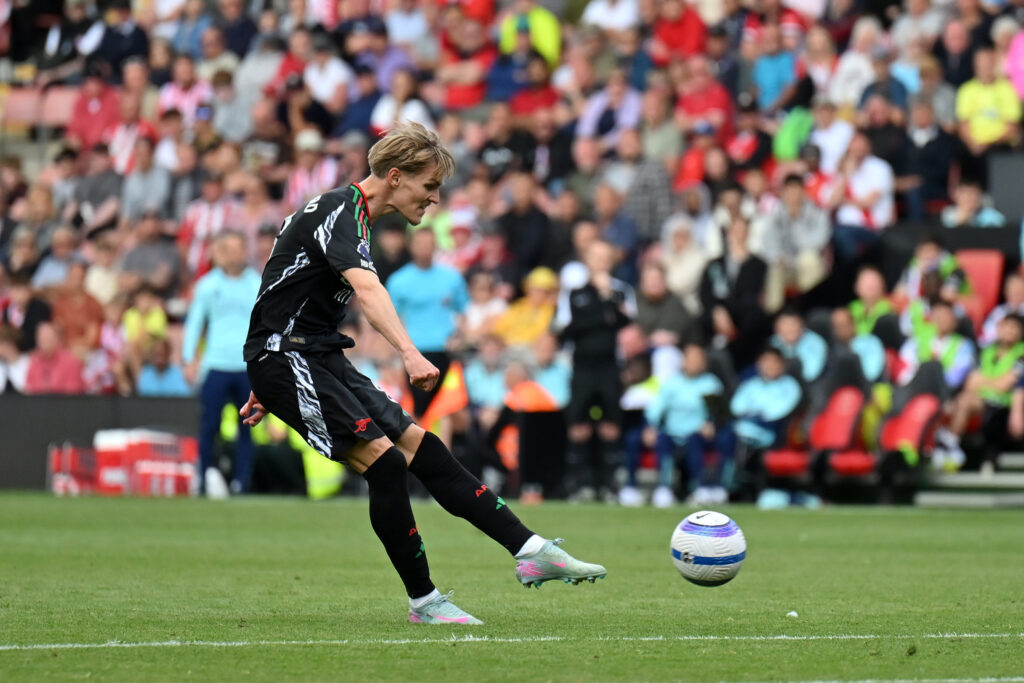 SOUTHAMPTON, ENGLAND - MAY 25: Martin Odegaard of Arsenal scores his team's second goal during the Premier League match between Southampton FC and Arsenal FC at St Mary's Stadium on May 25, 2025 in Southampton, England. (Photo by Dan Mullan/Getty Images)