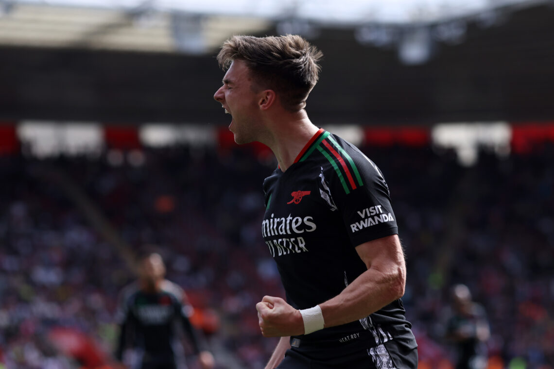 SOUTHAMPTON, ENGLAND - MAY 25: Kieran Tierney of Arsenal celebrates scoring his team's first goal during the Premier League match between Southampt...