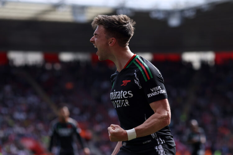 SOUTHAMPTON, ENGLAND - MAY 25: Kieran Tierney of Arsenal celebrates scoring his team's first goal during the Premier League match between Southampt...
